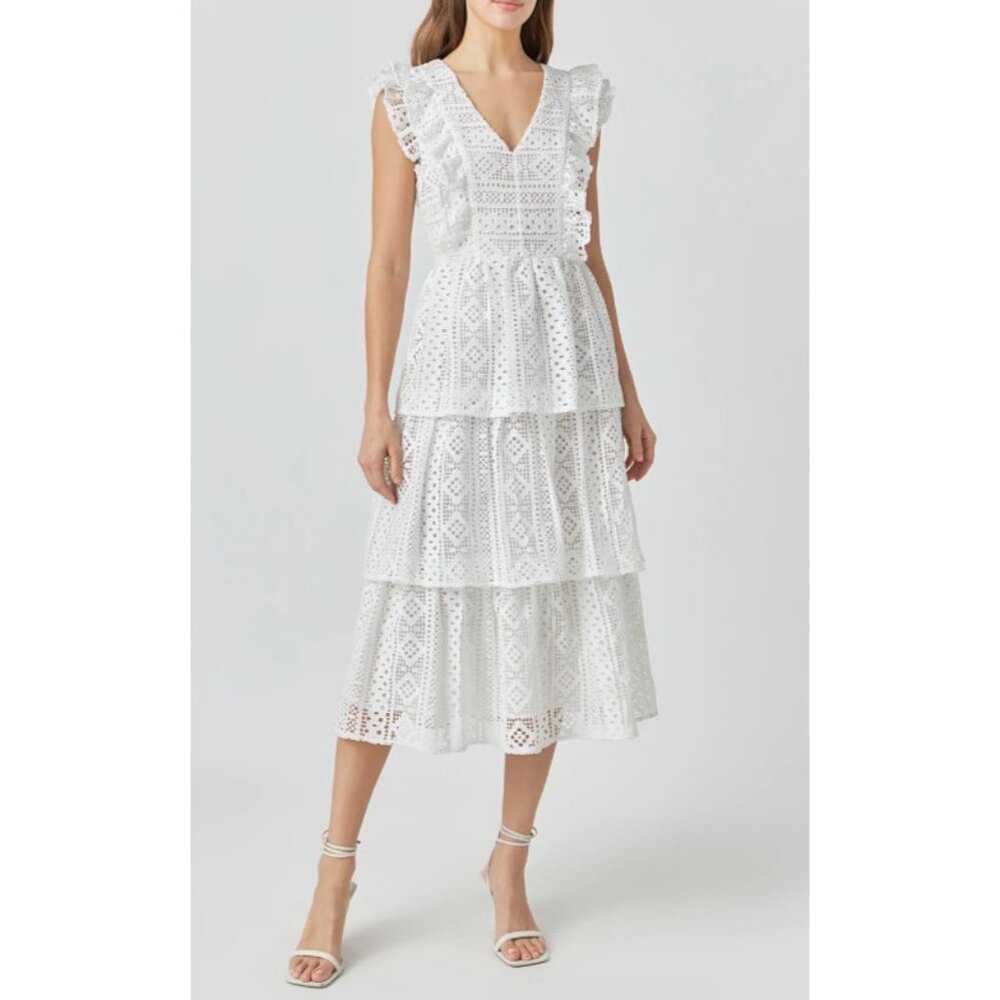 Endless Rose Tiered Midi Dress S Small White Crochet Lace NEW